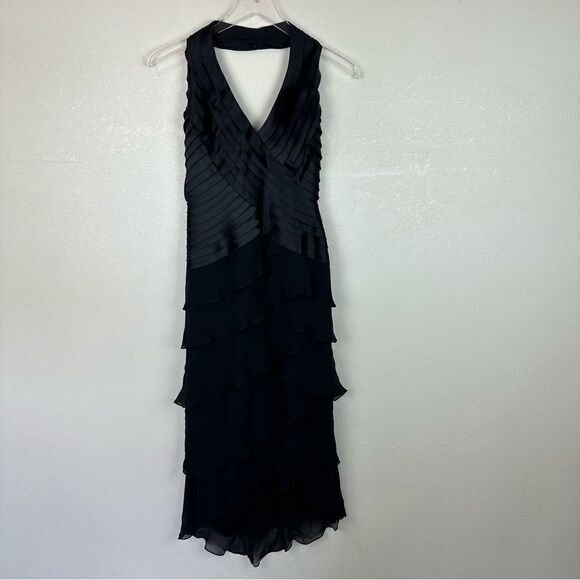 Tadashi Halter Black Silk Ruffle Midi Evening Cocktail Dress Size 2 - Picture 1 of 7